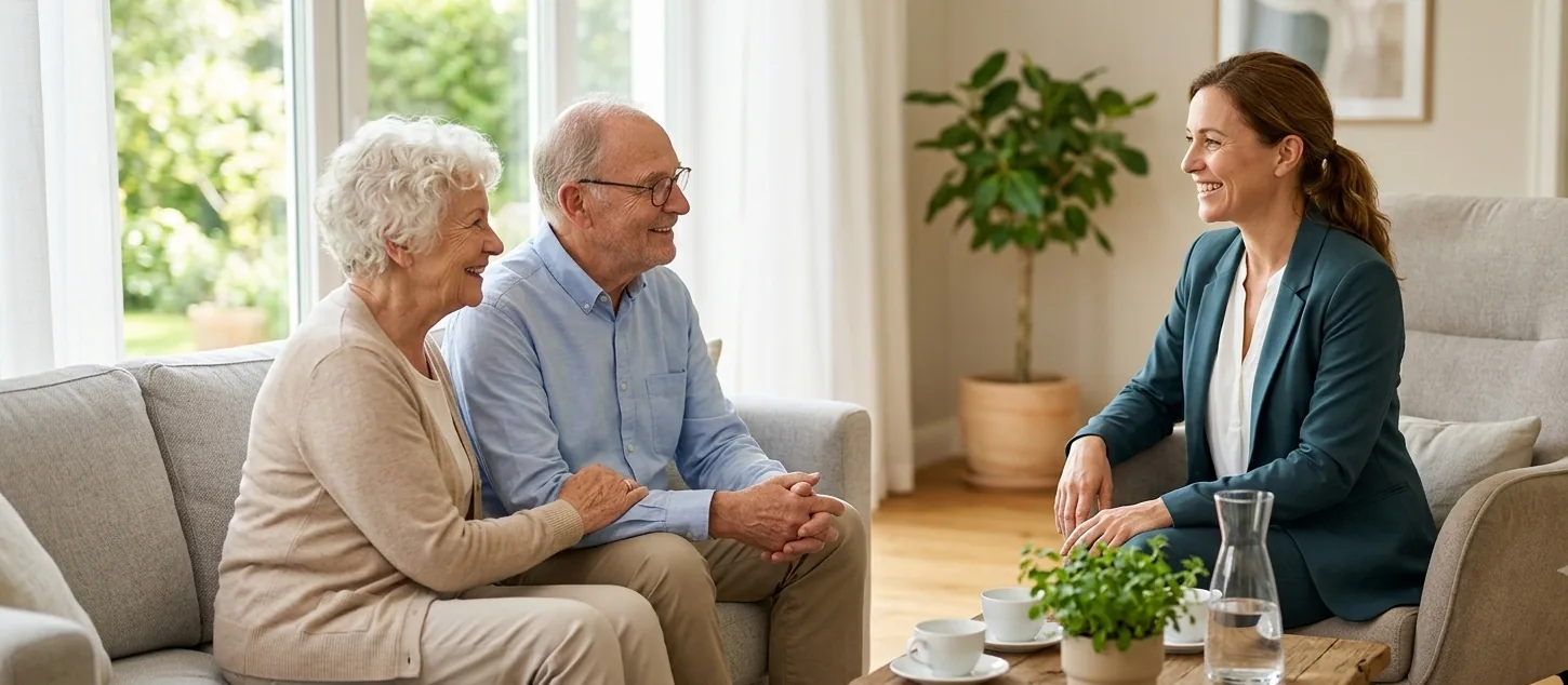 Symbolbild: Pflegeberaterin im freundlichen Gespräch mit einem älteren Paar im Wohnzimmer